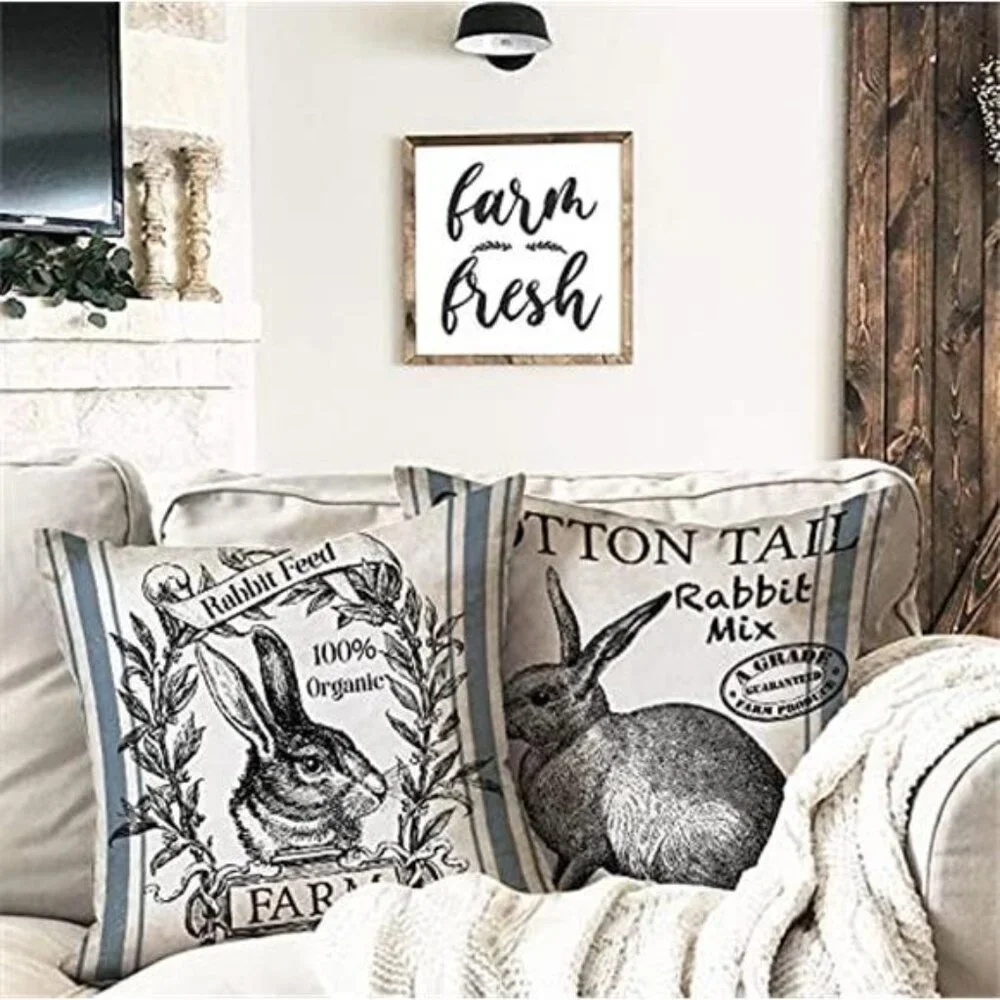 Vintage Farmhouse Bunny Throw Pillow Covers Retro Farm Rabbit Feed Home Décor